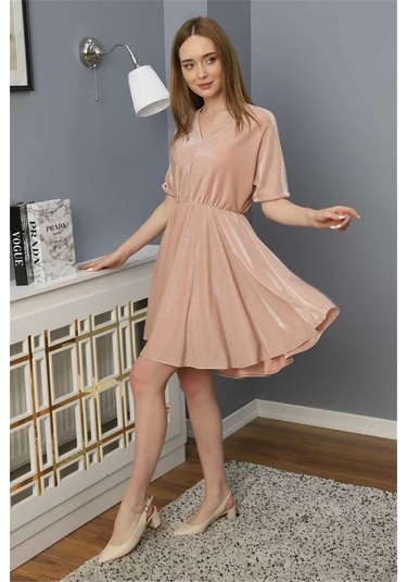 Beli Lastikli V Yaka Elbise 1765-pudra Pudra