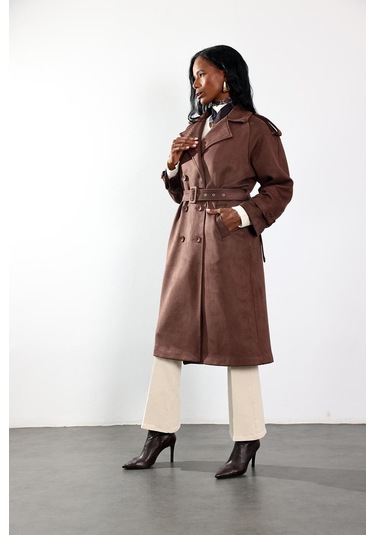 Kahverengi Kruvaze Yaka Süet Kaban 9608 Kahverengi