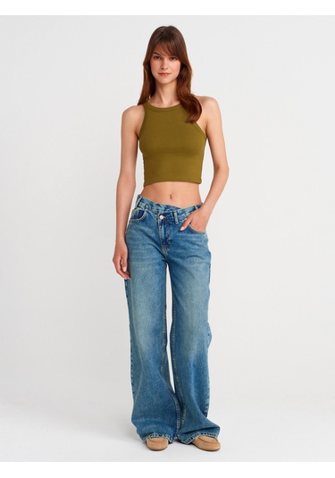 Dilvin 21104 Fitilli Crop Top-koyu Yeşil Koyu Yeşil