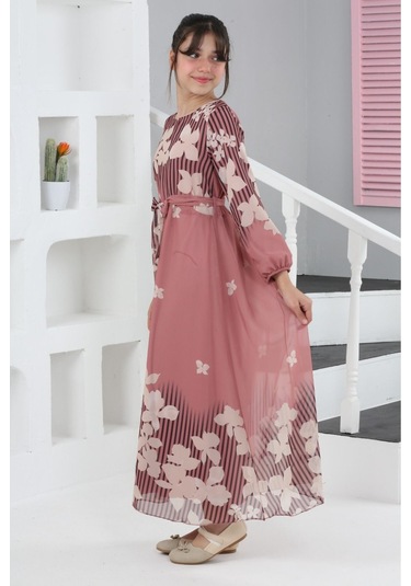 Kız Çocuk Astarlı Tam Boy Çiçek Desenli İç Göstermeyen Şık Ve Rahat Uzun Elbise Pudra