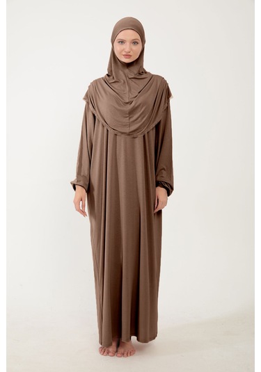 Kadın Tesettür Pamuklu Başörtülü Namaz Elbisesi Dantelli Tek Parça Penye Kumaş Kahverengi