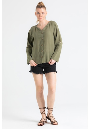 Uzun Kol Müslin Sedef Gömlek Haki Hk-haki Haki