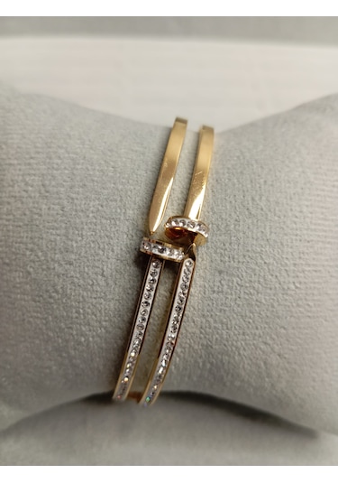 Zirkon Taşlı Çivi Model Gold Renk Kelepçe Bileklik Gold