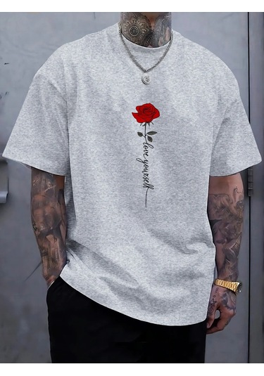 Guılan Erkek Yazlık %100 Pamuk Spor Tişört - Kırmızı Gül Desenli, Rahat Ve Gevşek Fitgri Gri