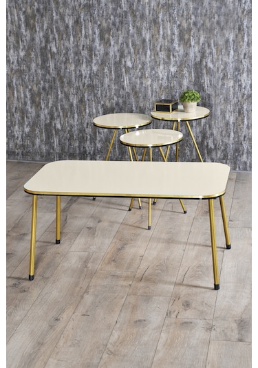 Zigon Sehpa Ve Orta Sehpa Kr Set Çift Gold Krem Metal