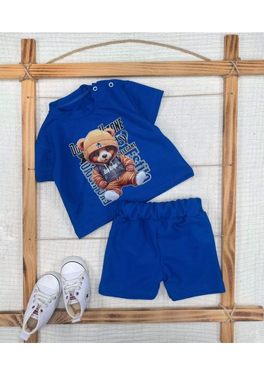 9-12-18-24 Ay Dansçı Ayıcık Baskılı Şortlu Kısa Kollu Tişört 2li Erkek Bebek Takımı Saks Mavisi