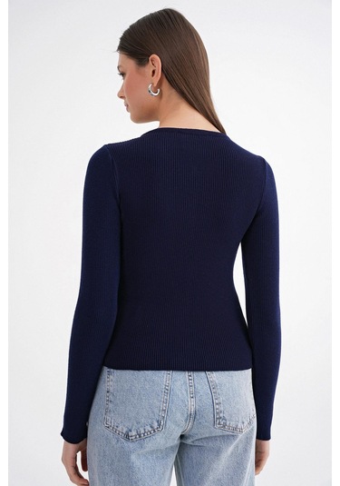 6931 Kadın Düğmeli Fitilli Triko Hırka Lacivert Lacivert