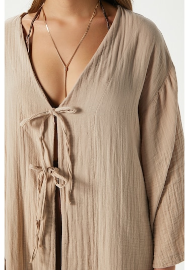 Ritnice Kadın Sandra %100 Pamuk Müslin Bağcıklı Bej Kimono Bej