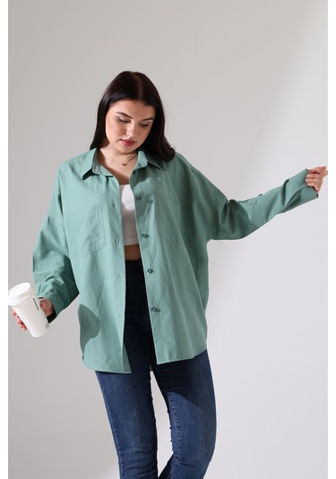 Yeni Sezon Poplin Kumaş Çift Cepli Oversize Pamuklu Kadın Tunik Gömlek Yeşil