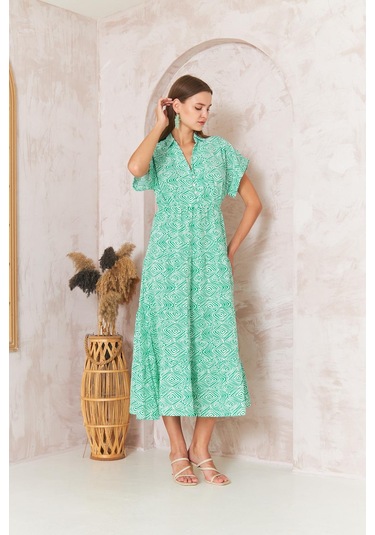 Kadın Gömlek Yaka Kısa Kollu Yeşil Elbise Dm1044 Yeşil