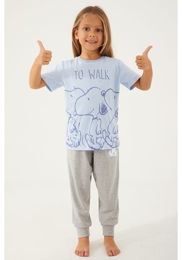 Snoopy To Walk Mavi Kız Çocuk Kısa Kol Pijama Takım Mavi