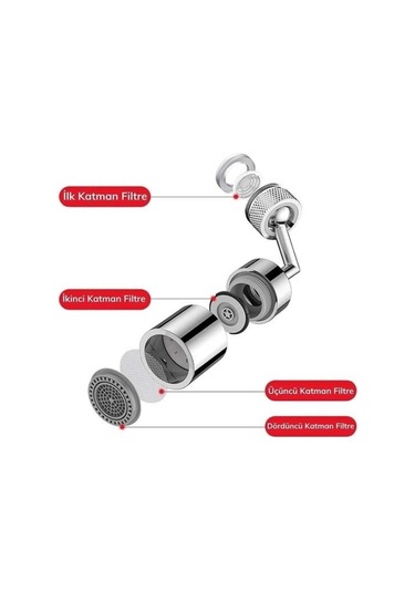 Buffer 720 Derece Dönebilen 4 Filtreli Tüm Musluk Tipleri İle Uyumlu Montaj Aparatlı Musluk Başlık - 9036518020682drvs1