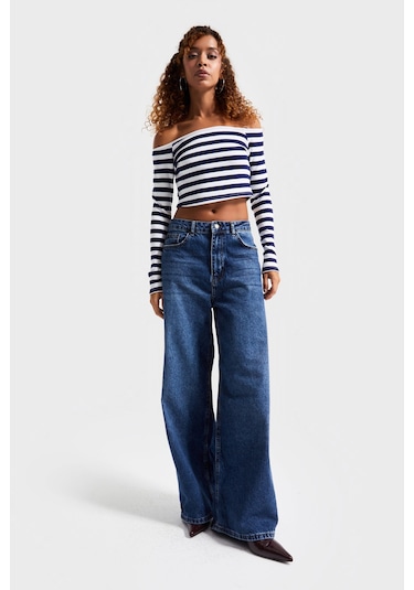 Itsbasic Kadın Koyu Mavi Renk 2w5-5 Süper Baggy Fit Bol Kesim Orta Bel %100 Koton Denim Jean