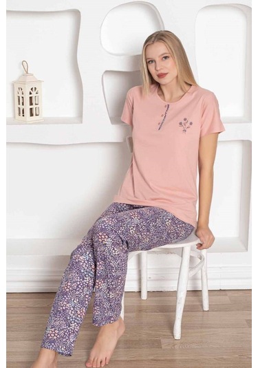 Kadın Çiçek Desen Bisiklet Yaka 3 Düğmeli Kısa Kol Cepli Pijama Takımı Pudra