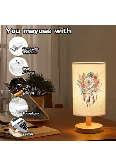 Willowhaven 24x10 Dreamcatcher Masa Lambası Usb Güçlü Çiçek Desenli Nordic Ahşap Taban Yatak Odası Ofis Dekor Hediye Füme