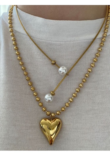 Kadın Sıralı Toplu İri Kalp Çelik Kararmaz Gold Kolye