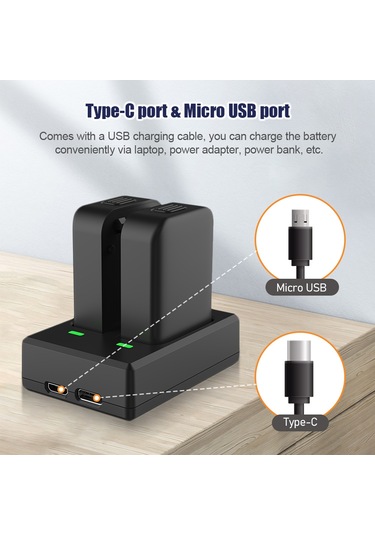 Monyee Sjcam C300 Şarj Cihazı - Çift Yuvalı, Led Göstergeli, Micro Usb & Type C Girişli, 2 Adet 1000mah Pil Dahil
