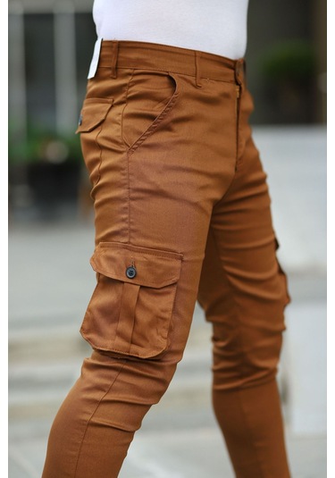 Slim Fit Körüklü Cep Paça Lastikli Esnek Kumaş Erkek Kargo Pantolon Hardal