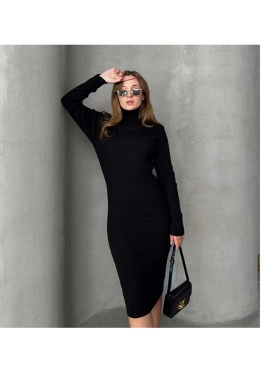 Kadın Boğazlı Uzun Fitilli Triko Dokuma Elbise - Siyah Siyah