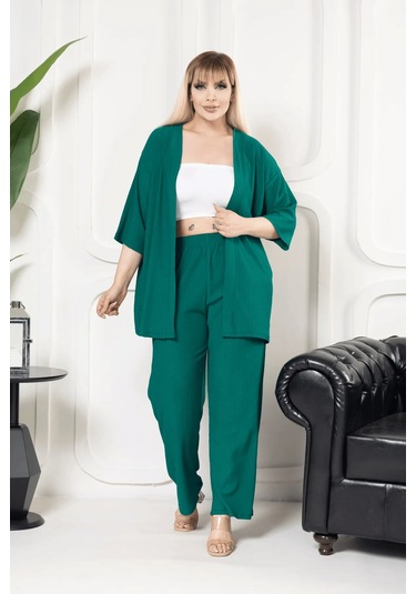 Bürümcük Kumaş Kimono Hırka Alt-üst Takım M-6xl Yeşil