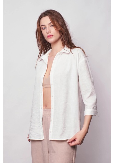 Kadın Keten Düşük Omuzlu Yakalı Kapri Kol Apoletli Gömlek -krem Krem