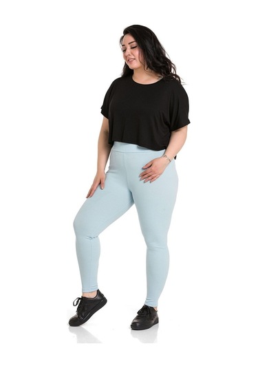 Büyük Beden Fitilli Beli Lastikli Bilekte Bebe Mavi Bayan Tayt