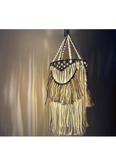 Maoyaya El Dokuması Etnik Püsküllü Abajur - Şık Ve Otantik Tarz Beyaz