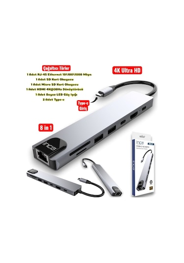 Technow 8 İn1 4k Ultra Hd Type C Usb 3.0 Hub Hdmı Rj45 Sdtf Adaptör Çoklayıcı