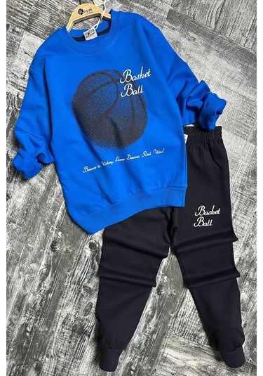 Basketball Yazı Desenli Mavi Renk Erkek Çocuk Eşofman Takımı Mavi