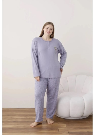Lukitus İnterlok Pamuk Battal Büyük Beden Kadın Pijama Takımı İntbbm Mor