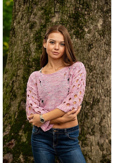 Verdeblanco Yırtık Detaylı Örme Crop Top Toz Pembe