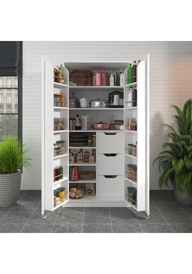 90 Derece Açılabilir 2 Kapaklı, 3 Çekmeceli, Kavanoz Raflı Kiler Ve Erzak Mutfak Dolabı Beyaz