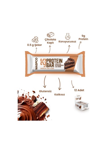 Waspco Bitter Çikolata Kaplı Çikolatalı Kek Aromalı Protein Bar 36G x 1 Adet