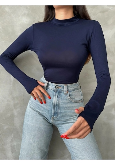 %95 Pamuklu Parmak Geçmeli Kadın Body Esnek Kumaş Lacivert
