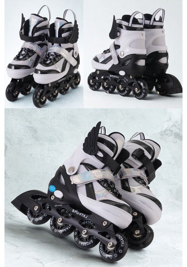 Melek Kanatlı Işıklı Çocuk Pateni Ve Dizlik Seti Silikon Teker Ayarlanabilir Paten Çantalı Siyah Siyah