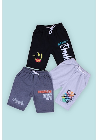 Panios Kids 3'lü Smile-brooklyn Nyc-sk Baskılı Erkek Çocuk Çift Cepli Siyah-füme Gri Şort Çok Renkli