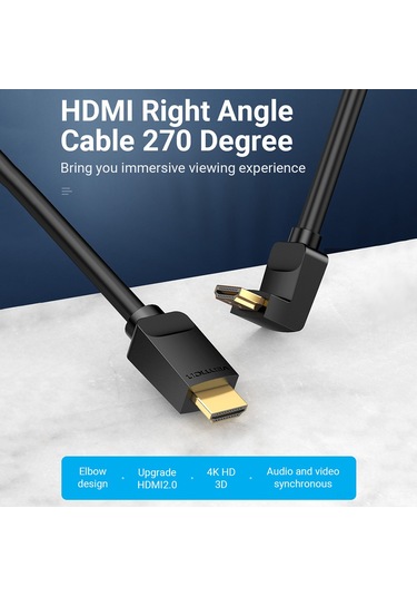 Shineyee Vention Hdmı 2.0 270 Derece Dirsekli Kablosu 4k 60hz 3d Ses-video Senkronizasyonlu 2m Pvc Koruyucu Ekran Bağlantı Kablosu