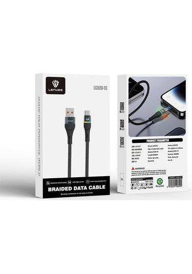 Lenyes Lc520 Usb-a To Type-c 6a Örgü Tasarımlı Hızlı Şarj Özellikli Şarj Kablosu 66w 1m Siyah Siyah