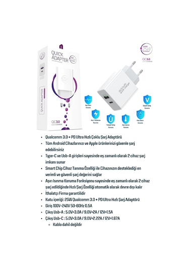 OnePlus 5 Uyumlu 25W Ultra Hızlı Çoklu Şarj Cihazı Adaptör İthalatçı Garantili