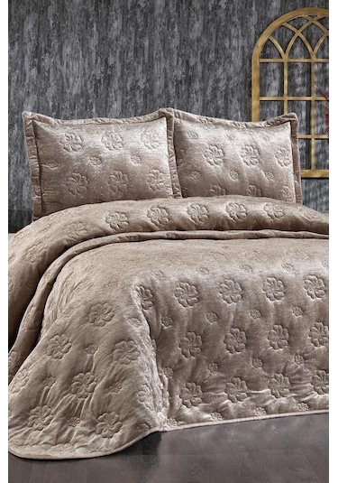 Lauren Nakışlı Kadife Çift Kişilik Yatak Örtüsü Cappucino (552386308) Cappuccino