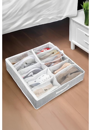 2 Adet Yatak Altı Ayakkabı Saklama Çantası Hurç Fermuarlı 58x58x12cm Gri-beyaz