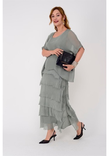 İtalyan 2 Beden İnce Gösteren Yarım Kol Kat Kat Ipek Elbise Açık Haki