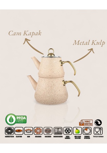 Enashop Granit Kaplama Gold Kulplu Cam Kapak Çaydanlık Krem Krem