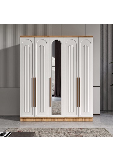 Flora 5 Kapaklı Komple Mdf Aynalı Gardırop - Elbise Dolabı