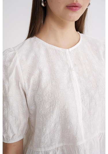 4688 Kadın Balon Kol Çiçek Desenli Peplum Bluz Beyaz Beyaz