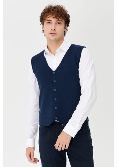 Erkek V Yaka İnce Triko Yelek İndigo İndigo