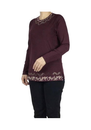 Kadın Yaka Ve Etek Desenli Taşlı Likralı Bluz-arpbattal2 Bordo