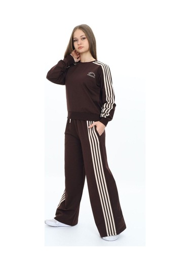 Kız Çocuk %100 Pamuk Uzun Kol Oversize Alt&üst Eşofman Takımı-eşt-0027 Kahverengi