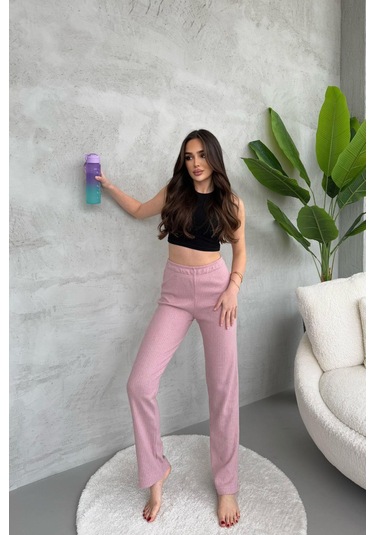 Kadın Gül Kurusu Yüksek Bel Fitilli Bol Paça Günlük İnce Eşofman Altı GÜL KURUSU