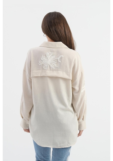 Pulpayet Nakışlı Keten Gömlek - Bej-bej Bej